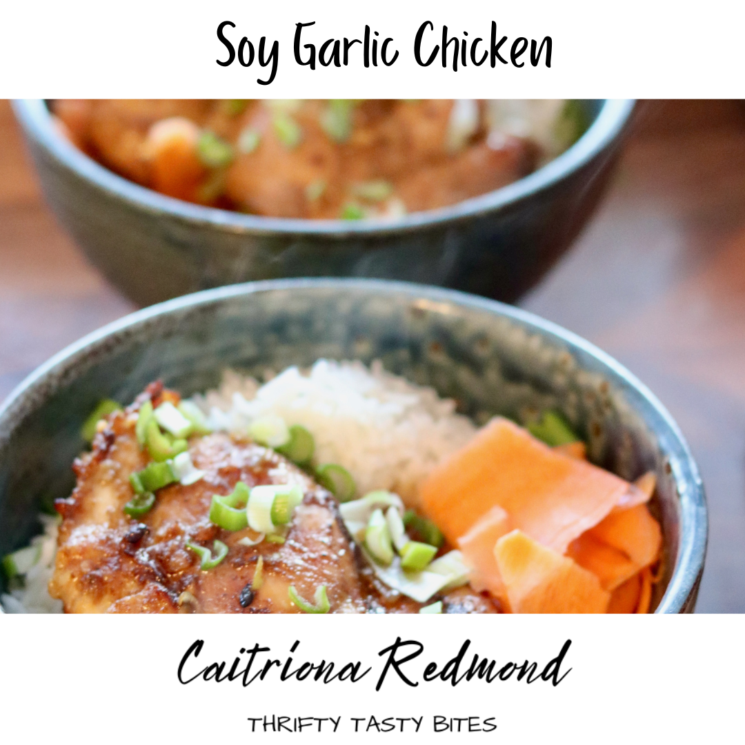 Soy chicken, which is served in a bowl with veggies and rice