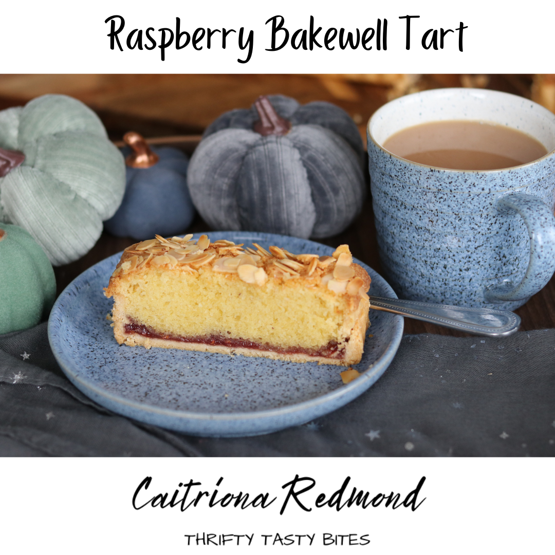 Raspberry Bakewell tart with shortcrust pastry and almonds